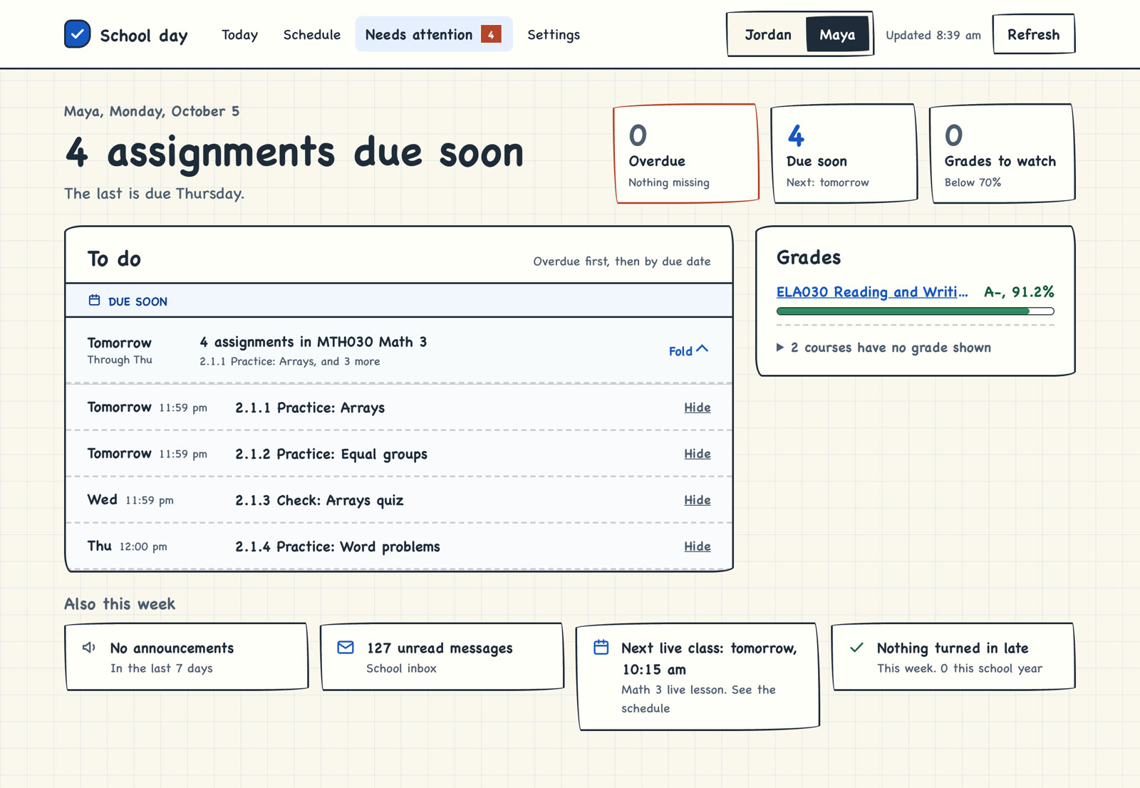A course with four small assignments folded into one row, shown opened.