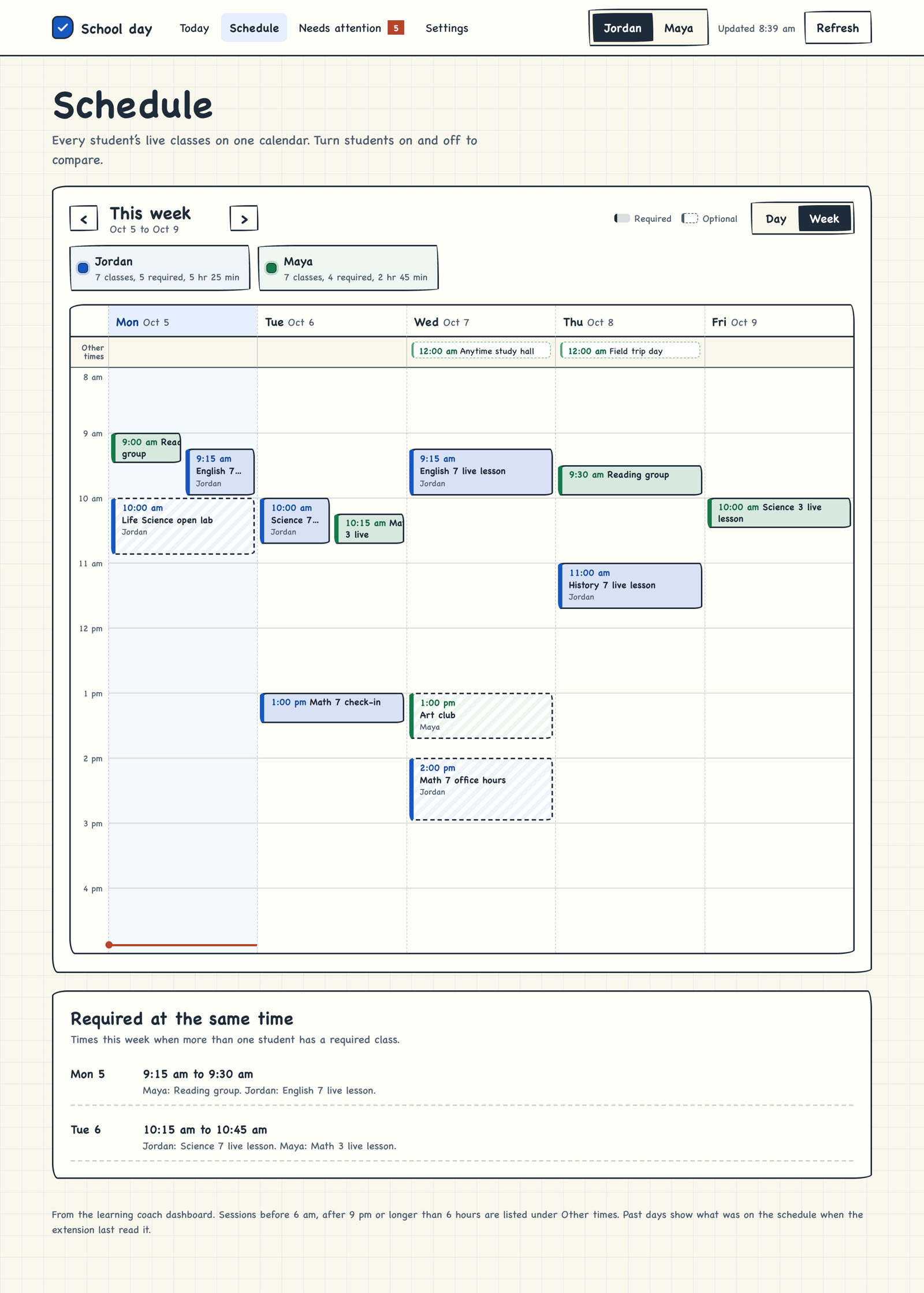 A week calendar with both kids' live classes overlaid in two colors.